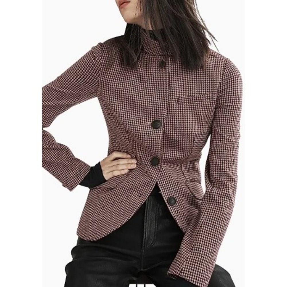 Rag & Bone Slade Blazer Houndstooth Plaid Stand Collar Jacket Burgundy Size 10